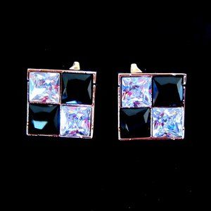 Black and clear crystal checkerboard rhinestone cufflinks in gold tone setting